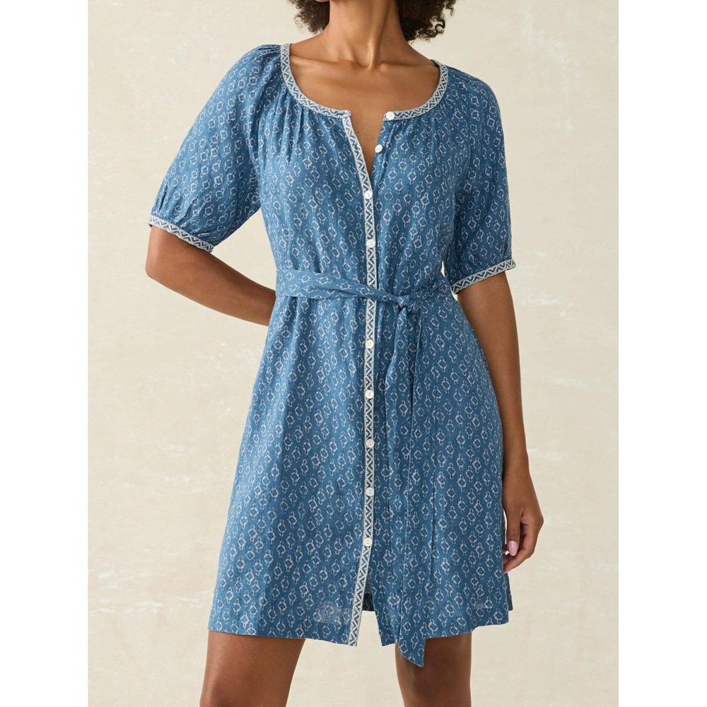 Faherty NWOT Carmel Linen Button Front Dress in Key Largo Blue Belted Size Small